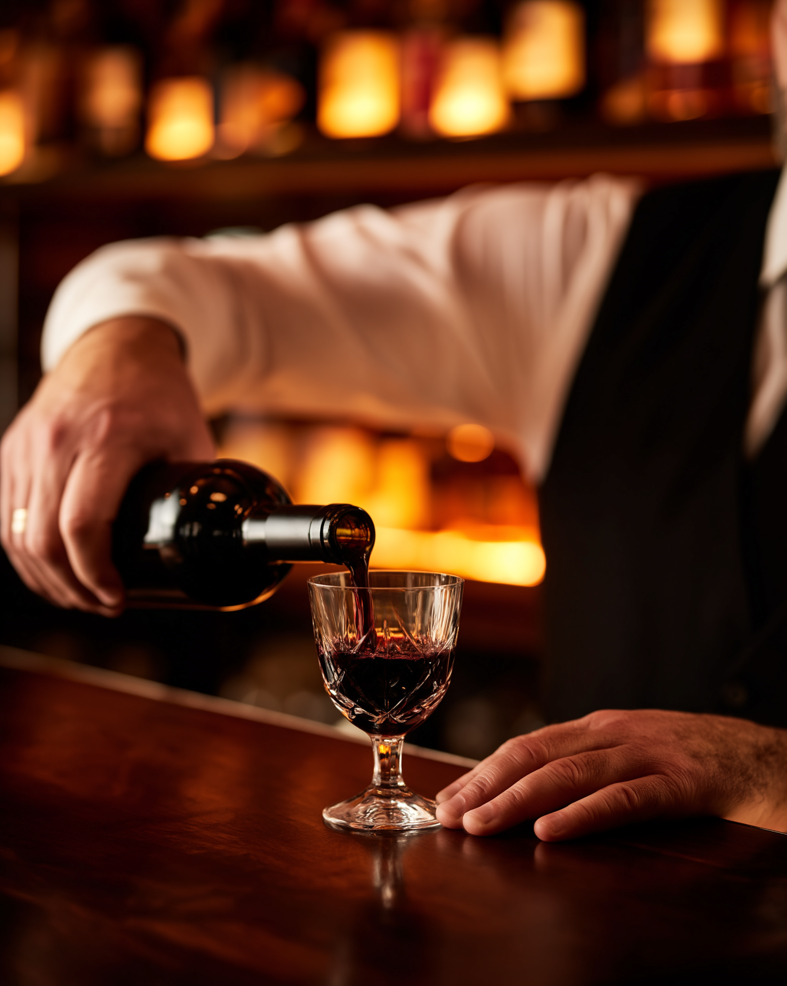 Atmospheric bar interior with warm lighting and a wine pour