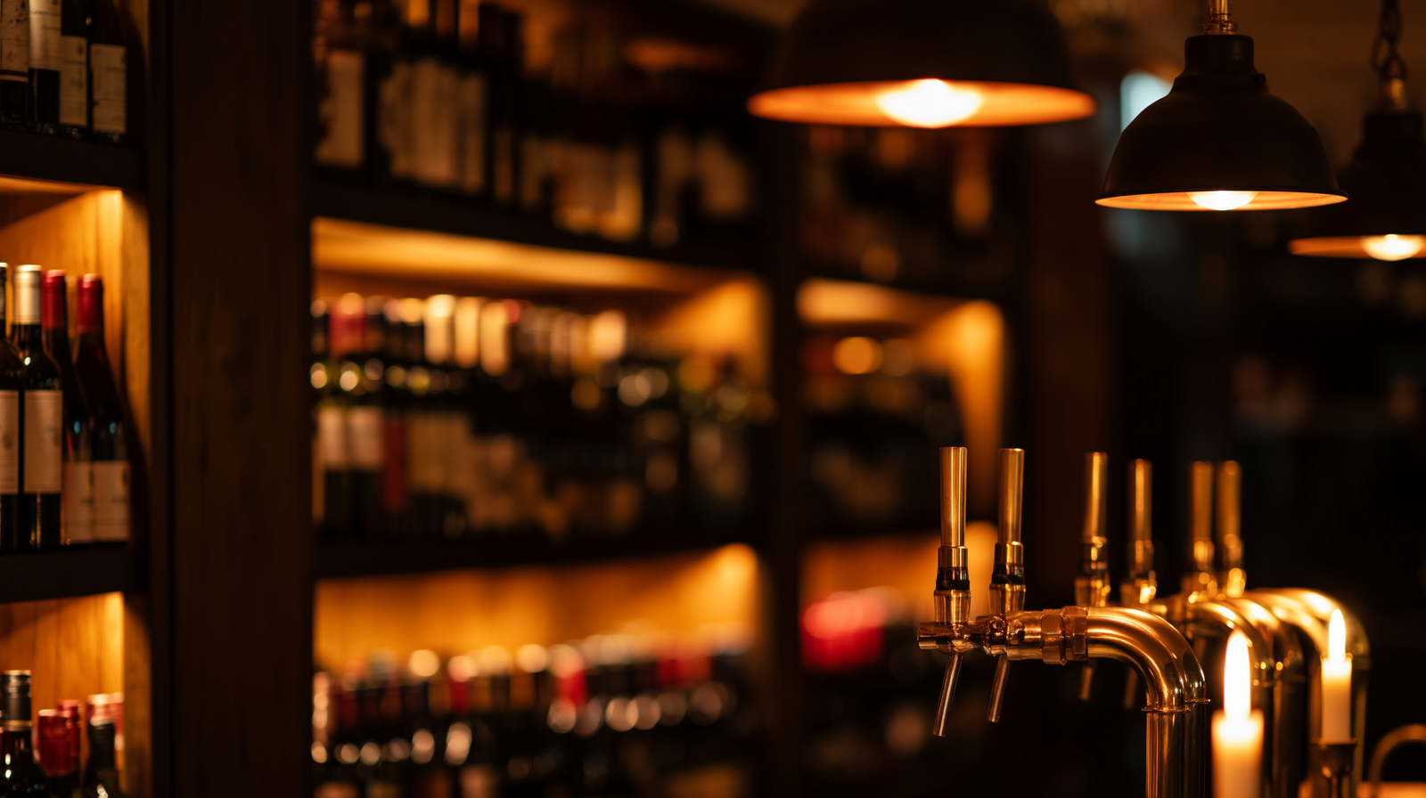 Atmospheric wine bar interior with warm candlelight and dark wood furnishings