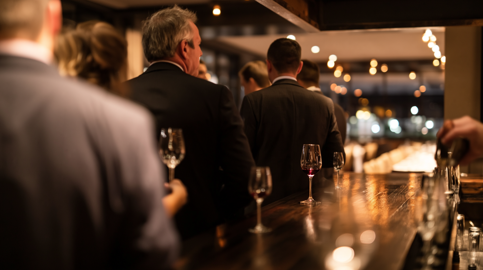 Guests enjoying an evening at a warmly lit City wine bar