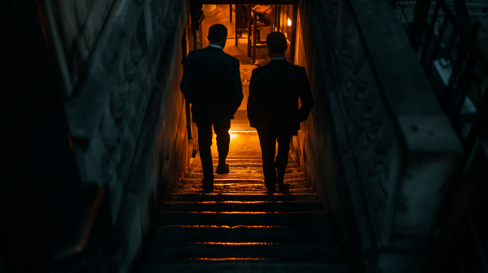 City professionals in dark suits walking through the financial district