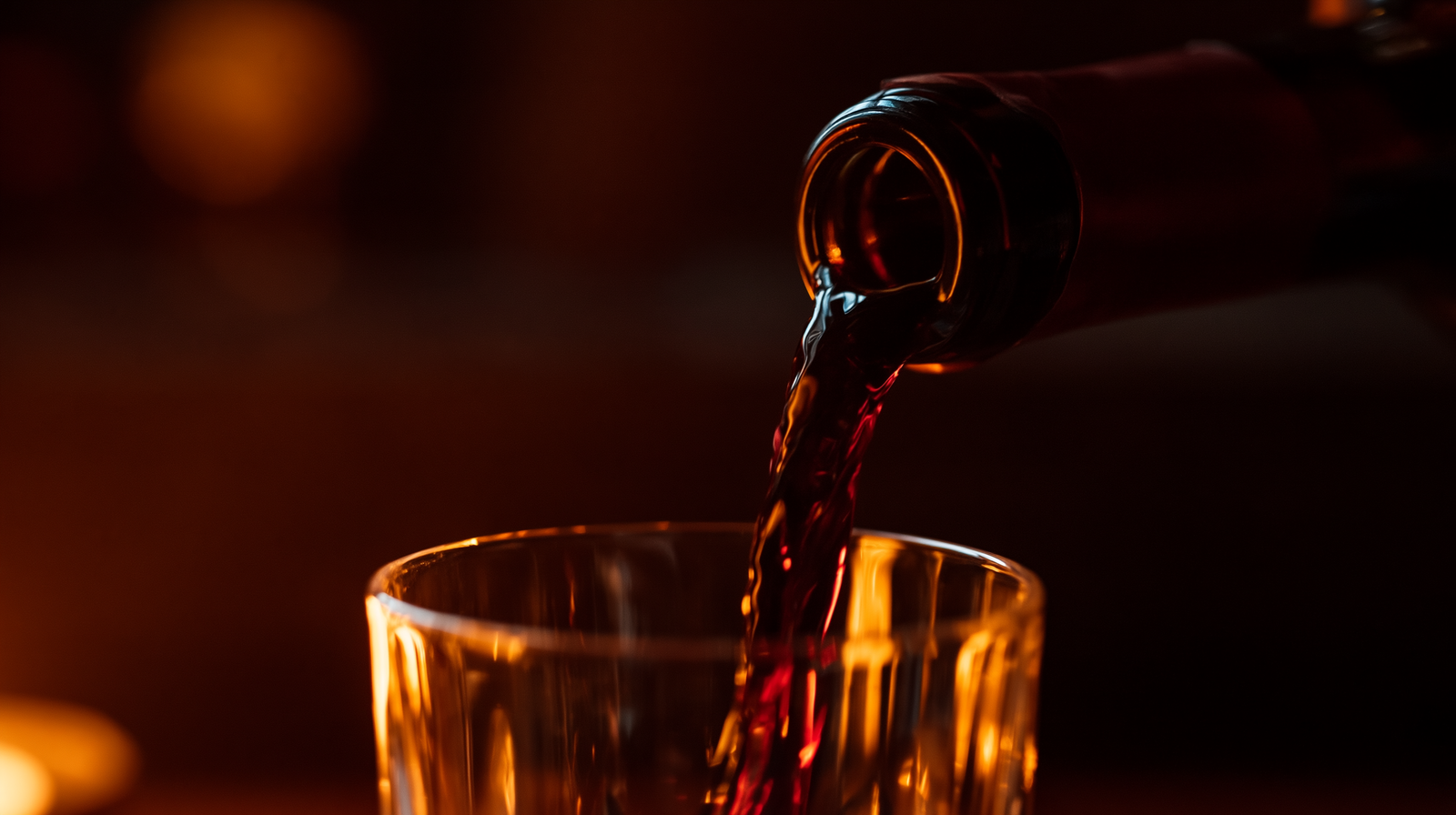 Close up of red wine being poured from a bottle into a glass